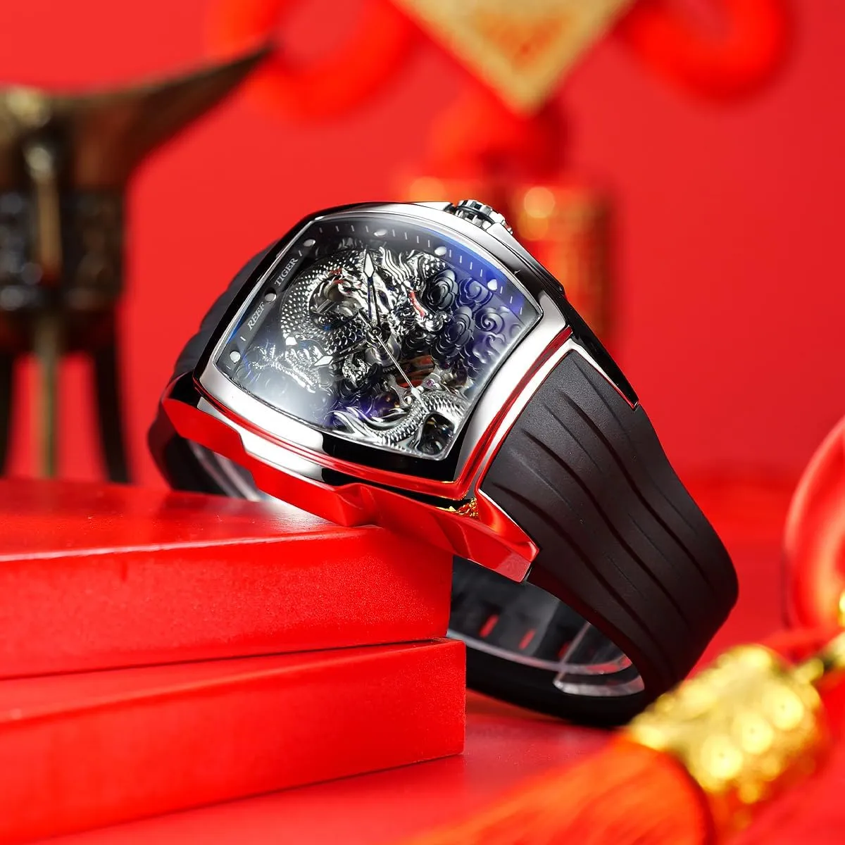 Automatic Watch Self-Winding Lumious epidermis spacecraft romanticism Dragon Dial Watches Waterproof Wristwatch RGA3061 REEF TIGER Men??s Luxury Tonneau Skeleton Mechanical 