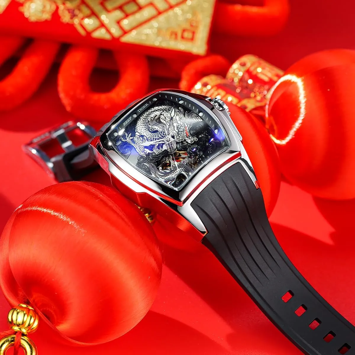 Automatic Watch Self-Winding Lumious epidermis spacecraft romanticism Dragon Dial Watches Waterproof Wristwatch RGA3061 REEF TIGER Men??s Luxury Tonneau Skeleton Mechanical 