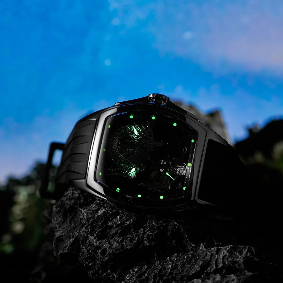 Automatic Watch Self-Winding Lumious epidermis spacecraft romanticism Dragon Dial Watches Waterproof Wristwatch RGA3061 REEF TIGER Men??s Luxury Tonneau Skeleton Mechanical 