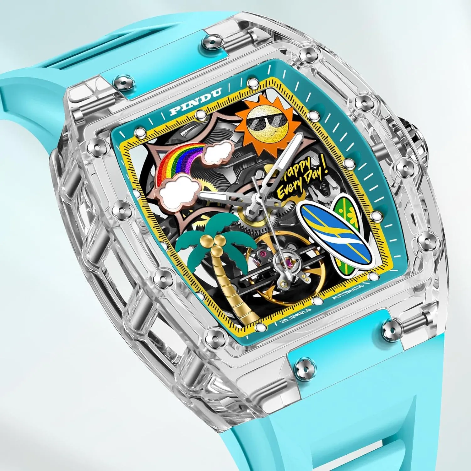 Automatic Watches for either urn Men, Tonneau Refreshing Beach Style Skeleton Watches for Men Mechanical 50M Waterproof Analogue Mens Unique Cool Square Big Face Dial Wrist with Silicone Strap Band PINDU 