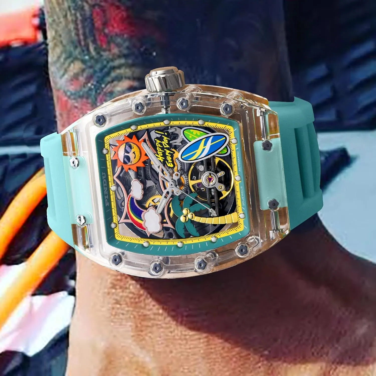 Automatic Watches for either urn Men, Tonneau Refreshing Beach Style Skeleton Watches for Men Mechanical 50M Waterproof Analogue Mens Unique Cool Square Big Face Dial Wrist with Silicone Strap Band PINDU 