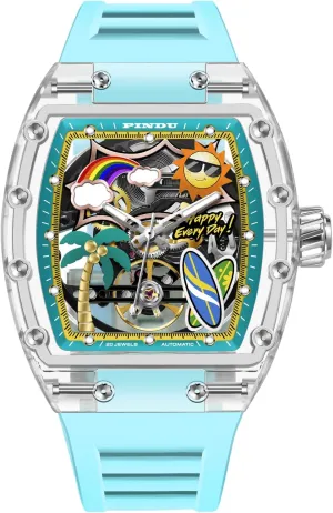 Automatic Watches for either urn Men, Tonneau Refreshing Beach Style Skeleton Watches for Men Mechanical 50M Waterproof Analogue Mens Unique Cool Square Big Face Dial Wrist with Silicone Strap Band PINDU 
