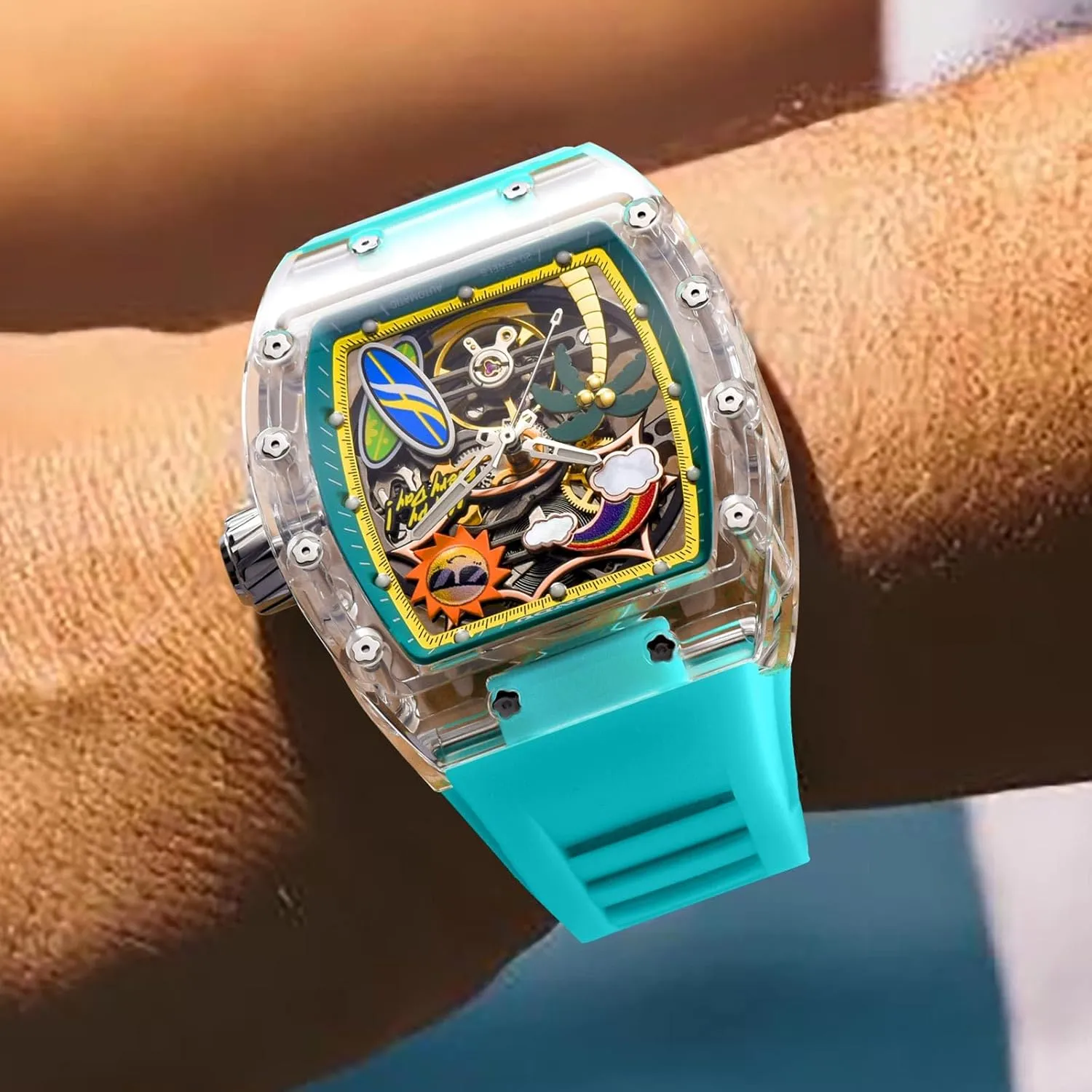 Automatic Watches for either urn Men, Tonneau Refreshing Beach Style Skeleton Watches for Men Mechanical 50M Waterproof Analogue Mens Unique Cool Square Big Face Dial Wrist with Silicone Strap Band PINDU 
