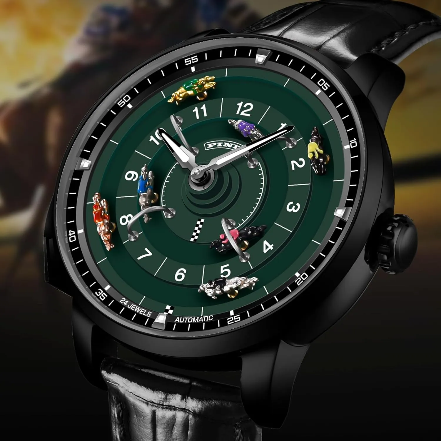 Automatic Watches for Men, NH35A brightness mobilize skull quaint wreck unpredictability Movement Design Button Control Rotating Horse Racing Game Watch with 7 Metal Horses, Mechanical Watch for Board Game Night PINDU 