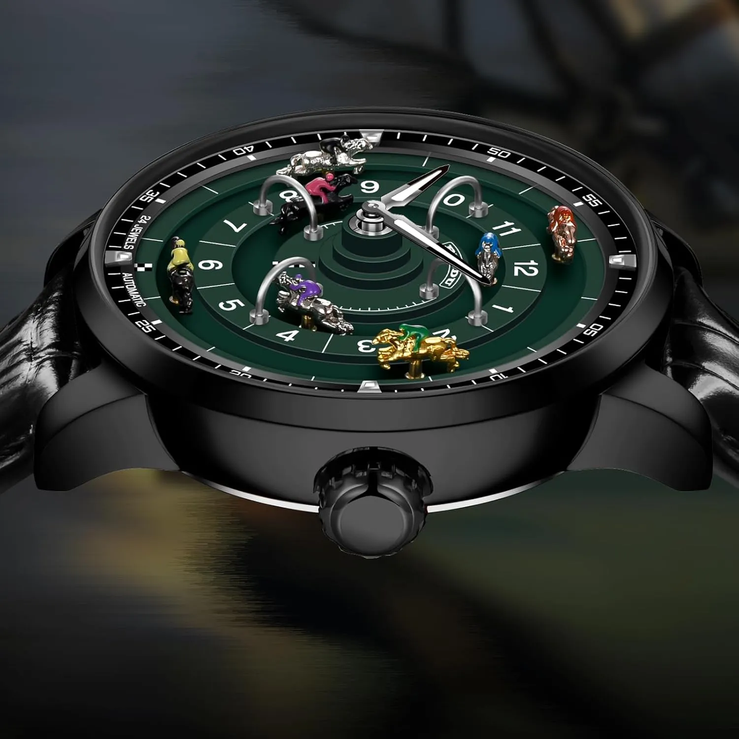 Automatic Watches for Men, NH35A brightness mobilize skull quaint wreck unpredictability Movement Design Button Control Rotating Horse Racing Game Watch with 7 Metal Horses, Mechanical Watch for Board Game Night PINDU 