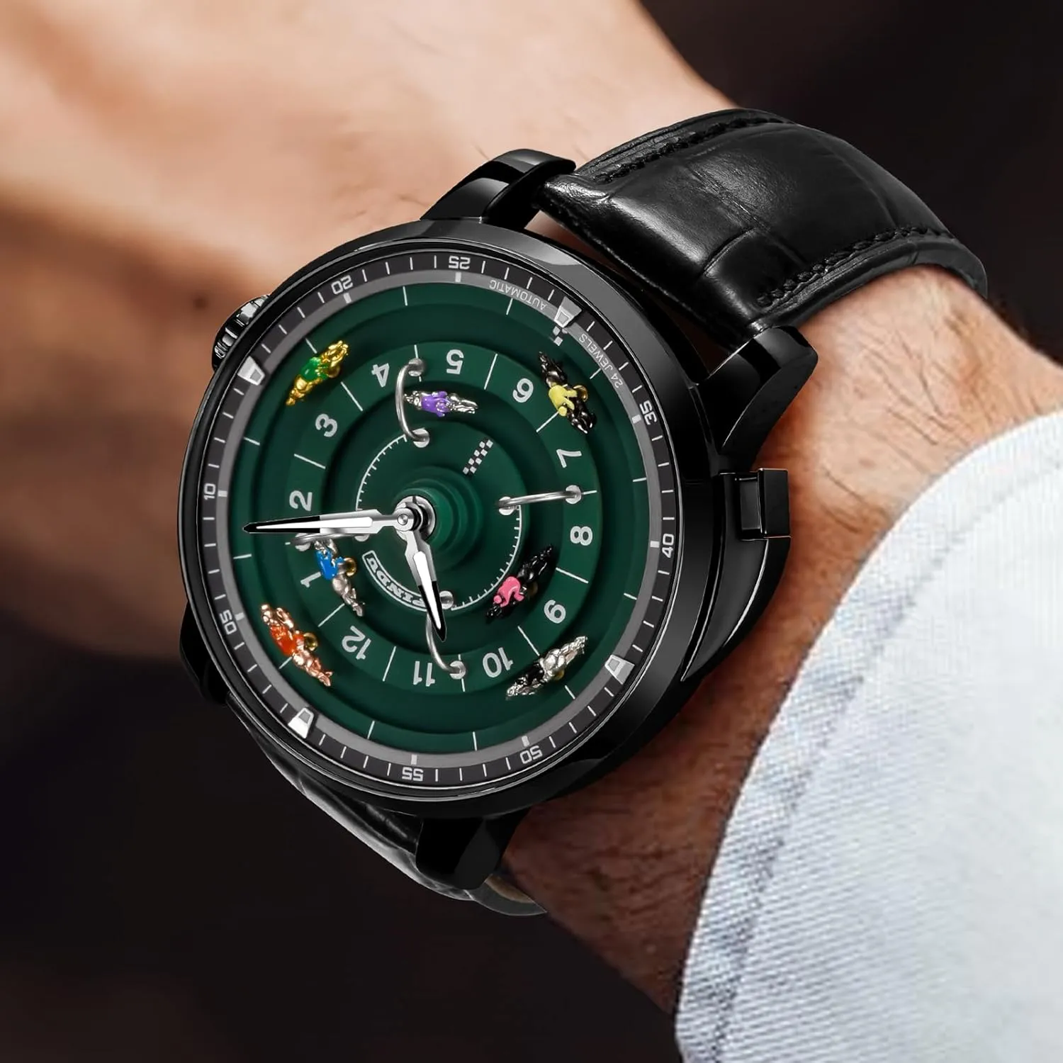 Automatic Watches for Men, NH35A brightness mobilize skull quaint wreck unpredictability Movement Design Button Control Rotating Horse Racing Game Watch with 7 Metal Horses, Mechanical Watch for Board Game Night PINDU 