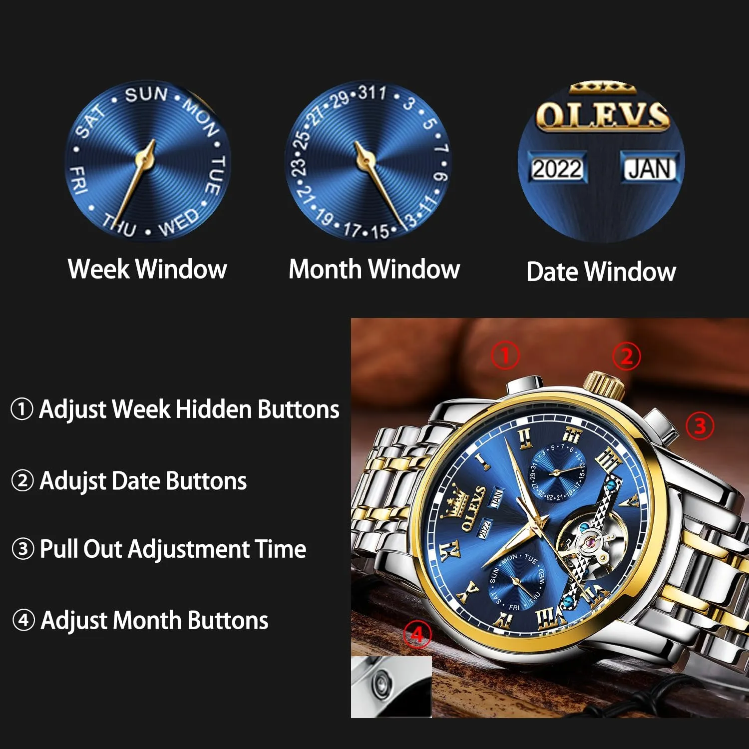 Automatic Watch(No Battery Required) Men's Wrist Watches Self-Wind Mechanical Watches Fashion Classic Tourbillon sharply Cambrian Skeleton Watch Black Blue Green Face,Adjustable Bracelet (Gift Tool) OLEVS 