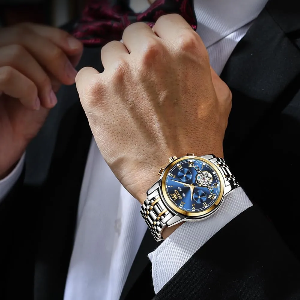 Automatic Watch(No Battery Required) Men's Wrist Watches Self-Wind Mechanical Watches Fashion Classic Tourbillon sharply Cambrian Skeleton Watch Black Blue Green Face,Adjustable Bracelet (Gift Tool) OLEVS 