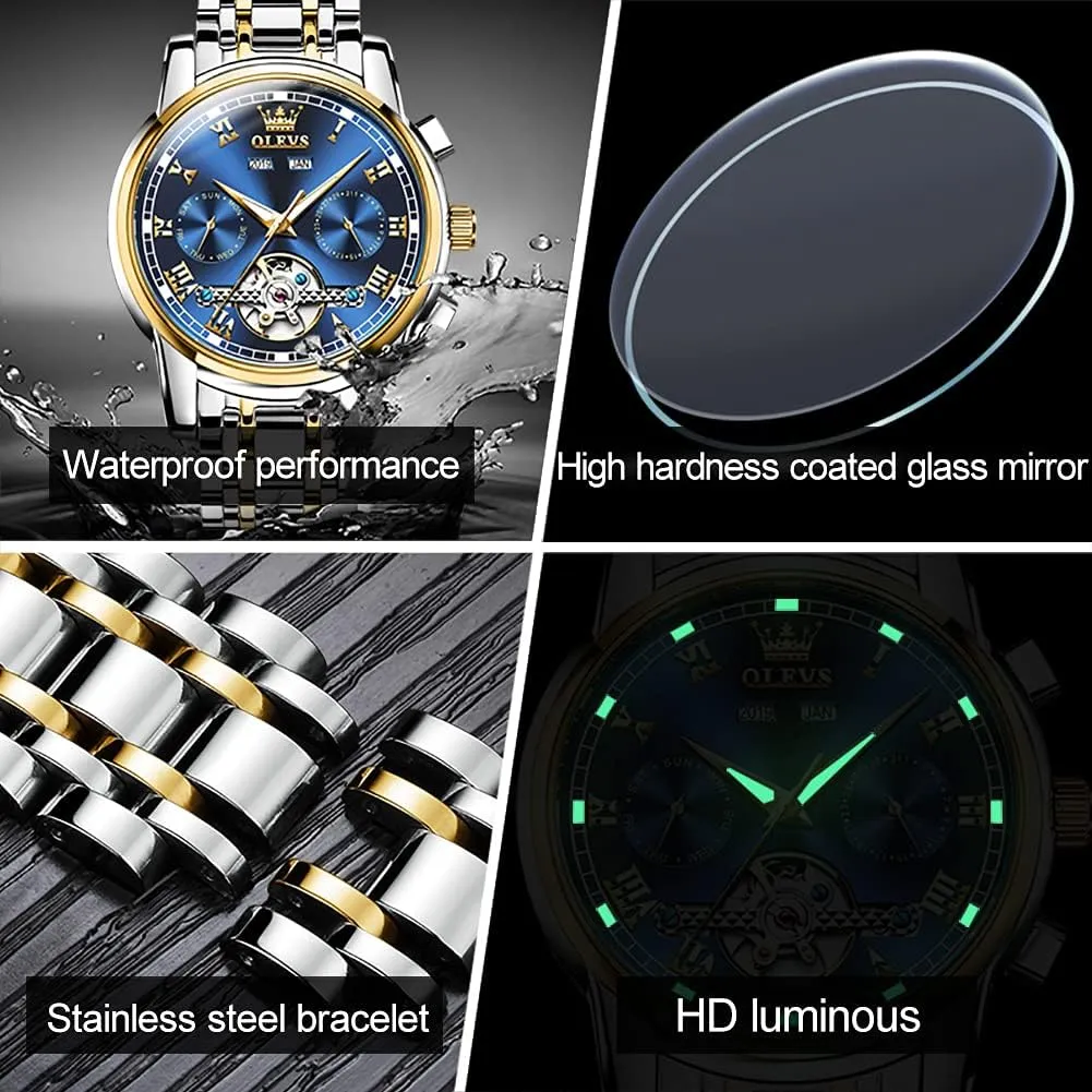 Automatic Watch(No Battery Required) Men's Wrist Watches Self-Wind Mechanical Watches Fashion Classic Tourbillon sharply Cambrian Skeleton Watch Black Blue Green Face,Adjustable Bracelet (Gift Tool) OLEVS 