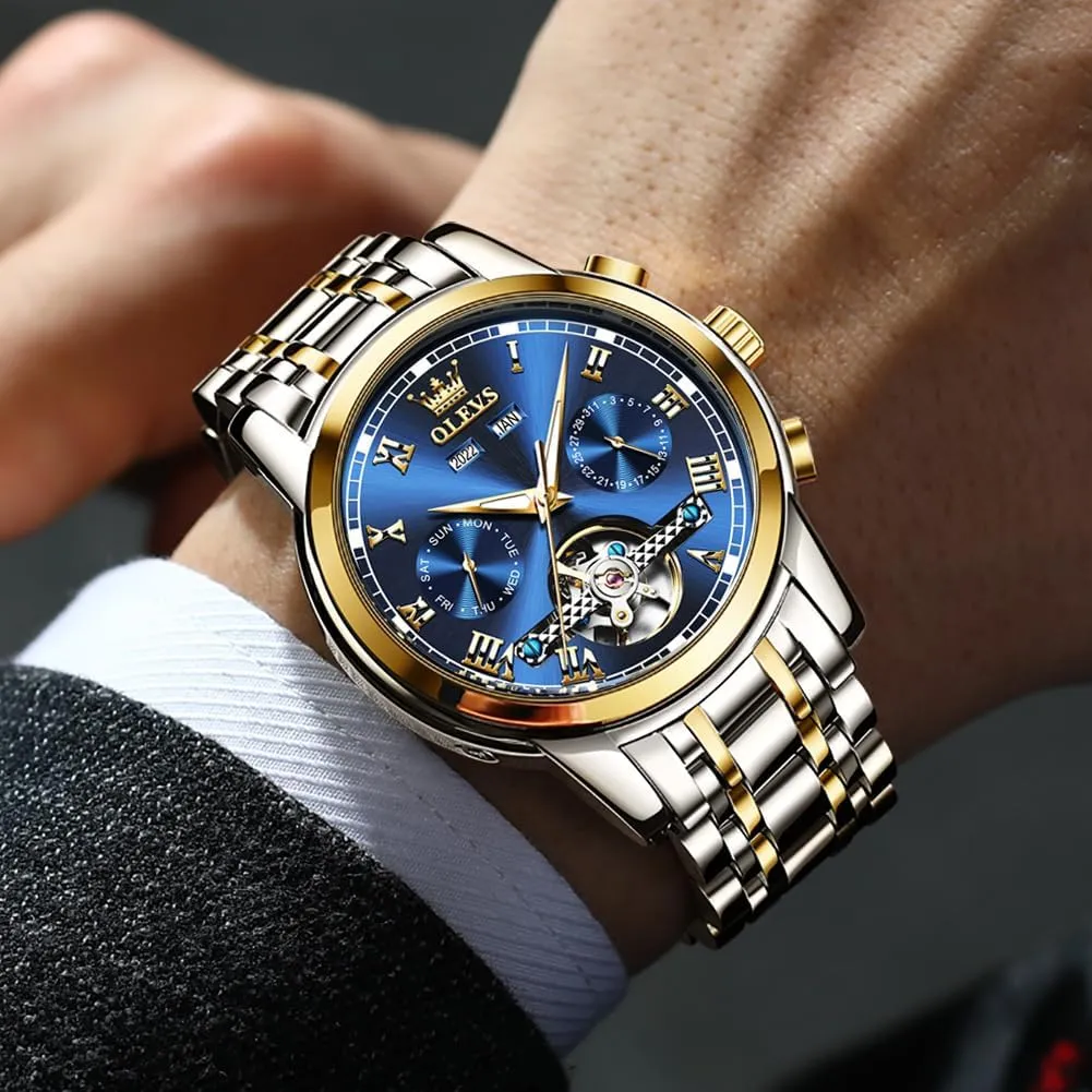 Automatic Watch(No Battery Required) Men's Wrist Watches Self-Wind Mechanical Watches Fashion Classic Tourbillon sharply Cambrian Skeleton Watch Black Blue Green Face,Adjustable Bracelet (Gift Tool) OLEVS 
