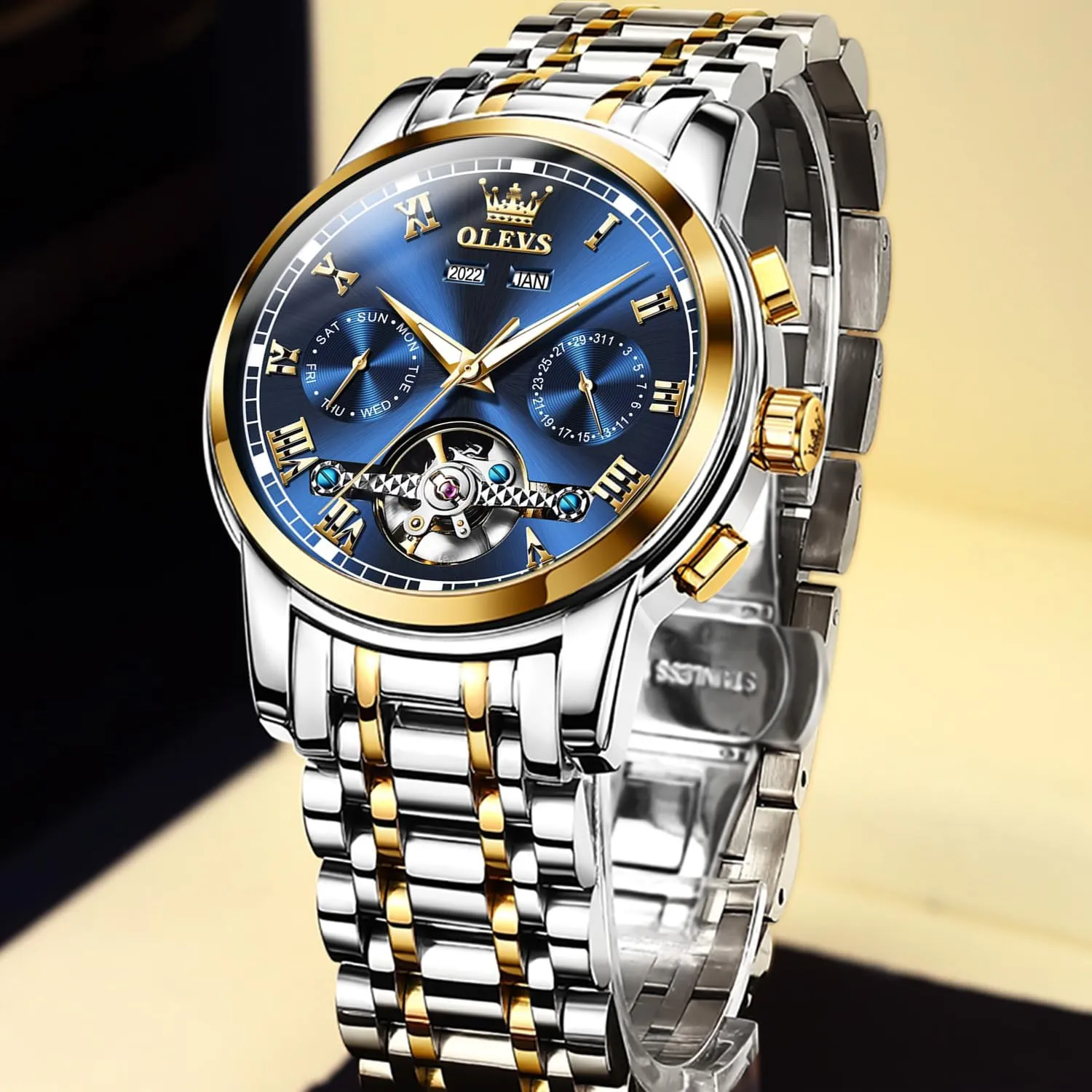 Automatic Watch(No Battery Required) Men's Wrist Watches Self-Wind Mechanical Watches Fashion Classic Tourbillon sharply Cambrian Skeleton Watch Black Blue Green Face,Adjustable Bracelet (Gift Tool) OLEVS 