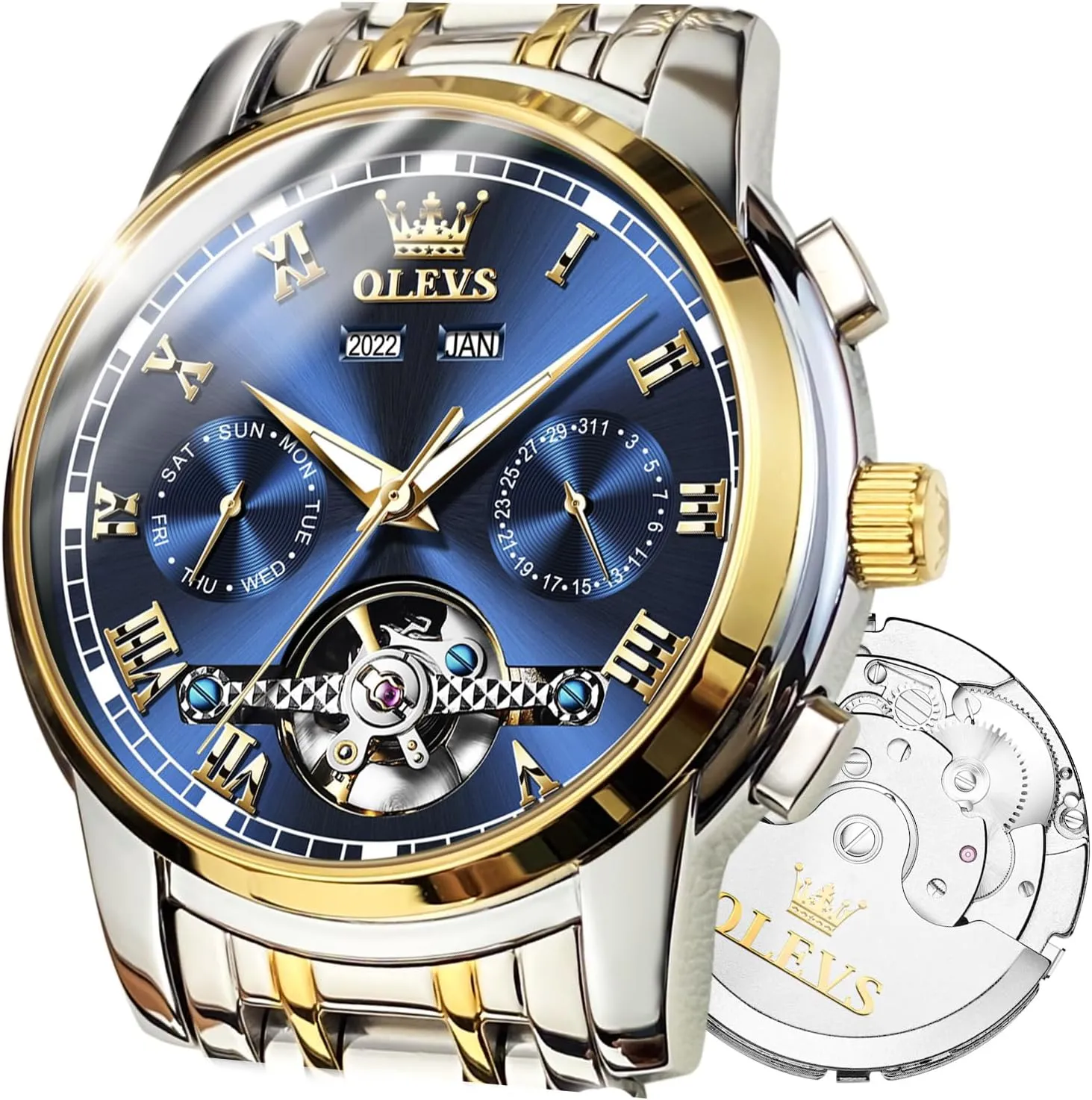 Automatic Watch(No Battery Required) Men's Wrist Watches Self-Wind Mechanical Watches Fashion Classic Tourbillon sharply Cambrian Skeleton Watch Black Blue Green Face,Adjustable Bracelet (Gift Tool) OLEVS 