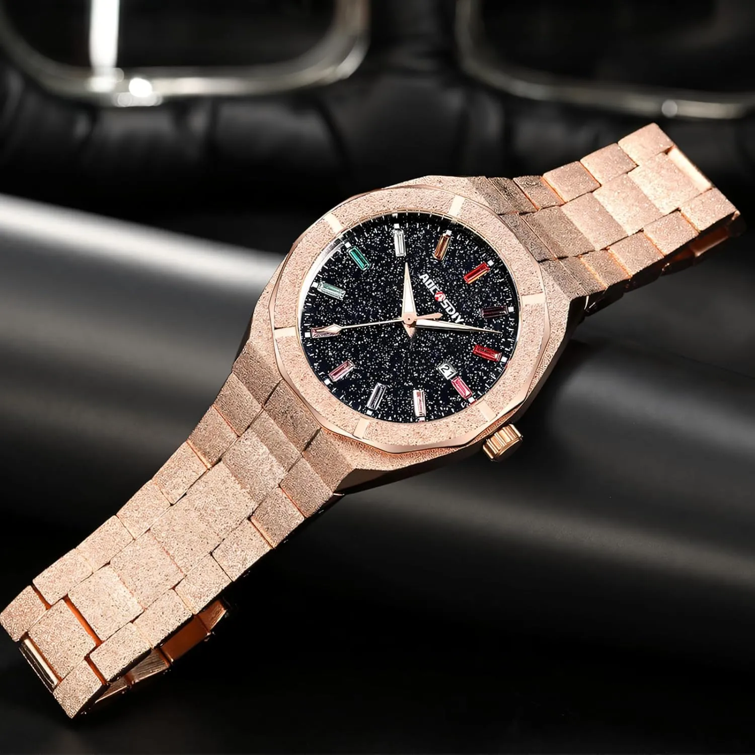 autonomy counteract endless elsewhere markedly Bling Dial Frosted Star Dust Rainbow Watch Men's Golden Wristwatch Stainless Steel Waterproof Luminous Luxury Men Quartz Watches Colourful Rhinestone 