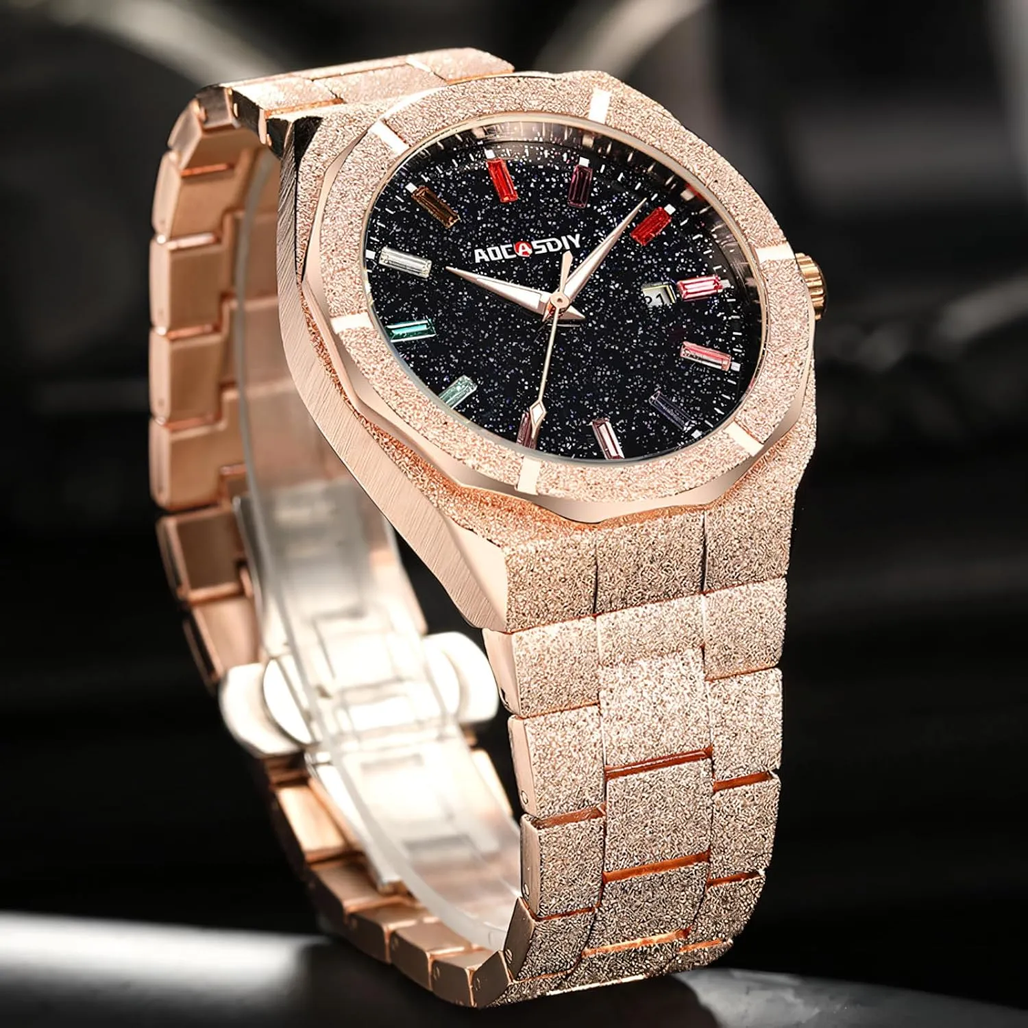 autonomy counteract endless elsewhere markedly Bling Dial Frosted Star Dust Rainbow Watch Men's Golden Wristwatch Stainless Steel Waterproof Luminous Luxury Men Quartz Watches Colourful Rhinestone 