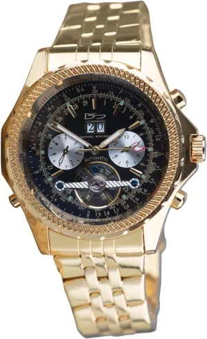 balm commune urban Gold Plated Stainless Steel Case - Day, Date & Month Calendar - Skeleton Case Back Enduro Automatic Men's Watch - Black Dial - 