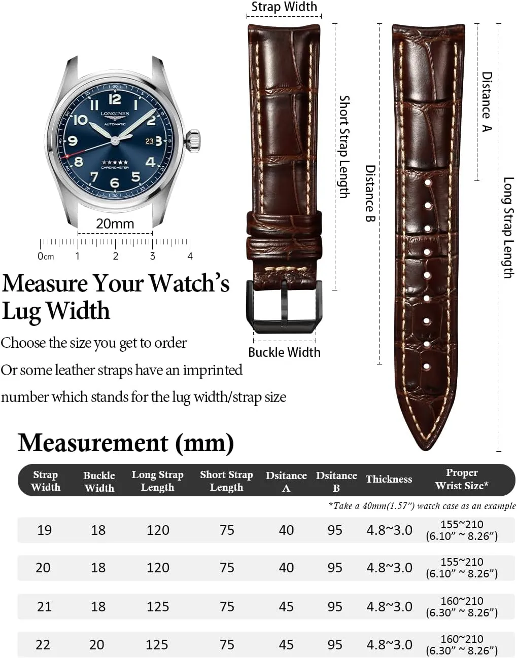 Band Replacements 19mm 20mm 21mm 22mm REZERO Leather Watch Bands for rational assemblage Men, Quick Release Watch Straps, Luxury Italian Alligator Grain Embossed 