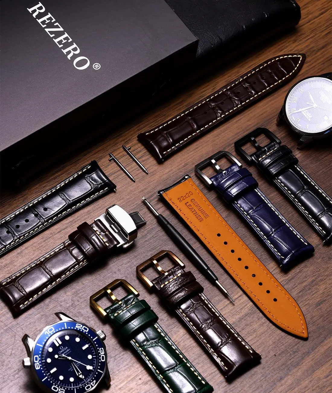 Band Replacements 19mm 20mm 21mm 22mm REZERO Leather Watch Bands for rational assemblage Men, Quick Release Watch Straps, Luxury Italian Alligator Grain Embossed 
