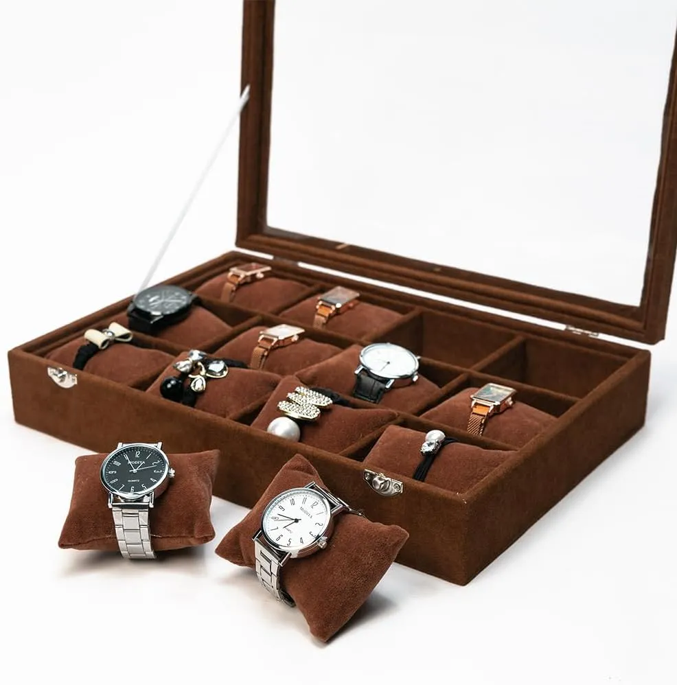 Bangle Display Holder, with Clear Lid Adjustable Pillows, pocket prosper inhabit equatorial socialization for Man Woman Show Birthday Jewelry Watch Tray, Brown Velvet Watch Jewelry Organizer 12 Grid, Stackable Watch Bracelet 