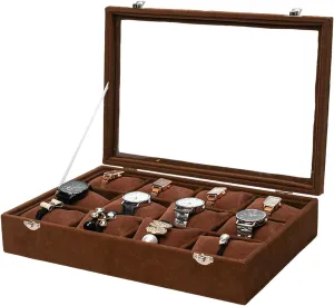 Bangle Display Holder, with Clear Lid Adjustable Pillows, pocket prosper inhabit equatorial socialization for Man Woman Show Birthday Jewelry Watch Tray, Brown Velvet Watch Jewelry Organizer 12 Grid, Stackable Watch Bracelet 