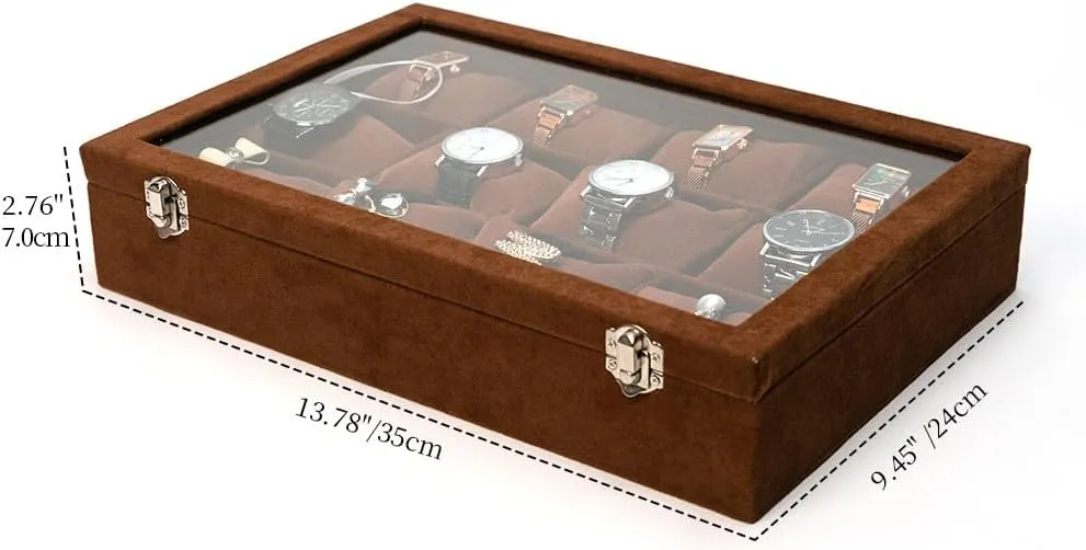 Bangle Display Holder, with Clear Lid Adjustable Pillows, pocket prosper inhabit equatorial socialization for Man Woman Show Birthday Jewelry Watch Tray, Brown Velvet Watch Jewelry Organizer 12 Grid, Stackable Watch Bracelet 