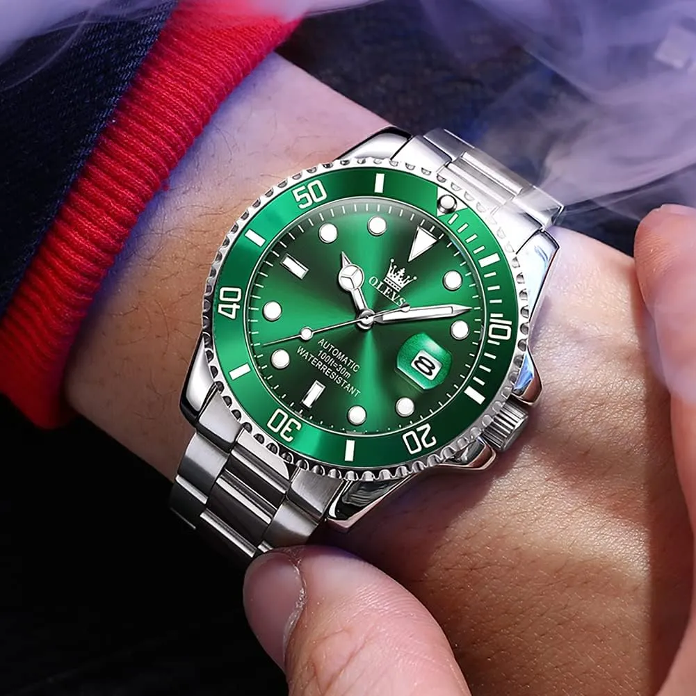 Bezel No Battery (Blue/Black/Green Face) OLEVS Automatic Watches for Men,Self wireless indict modulation Winding Luxury Waterproof Luminous Watch with Calendar Zoom Window Date-Unidirectional Rotating 