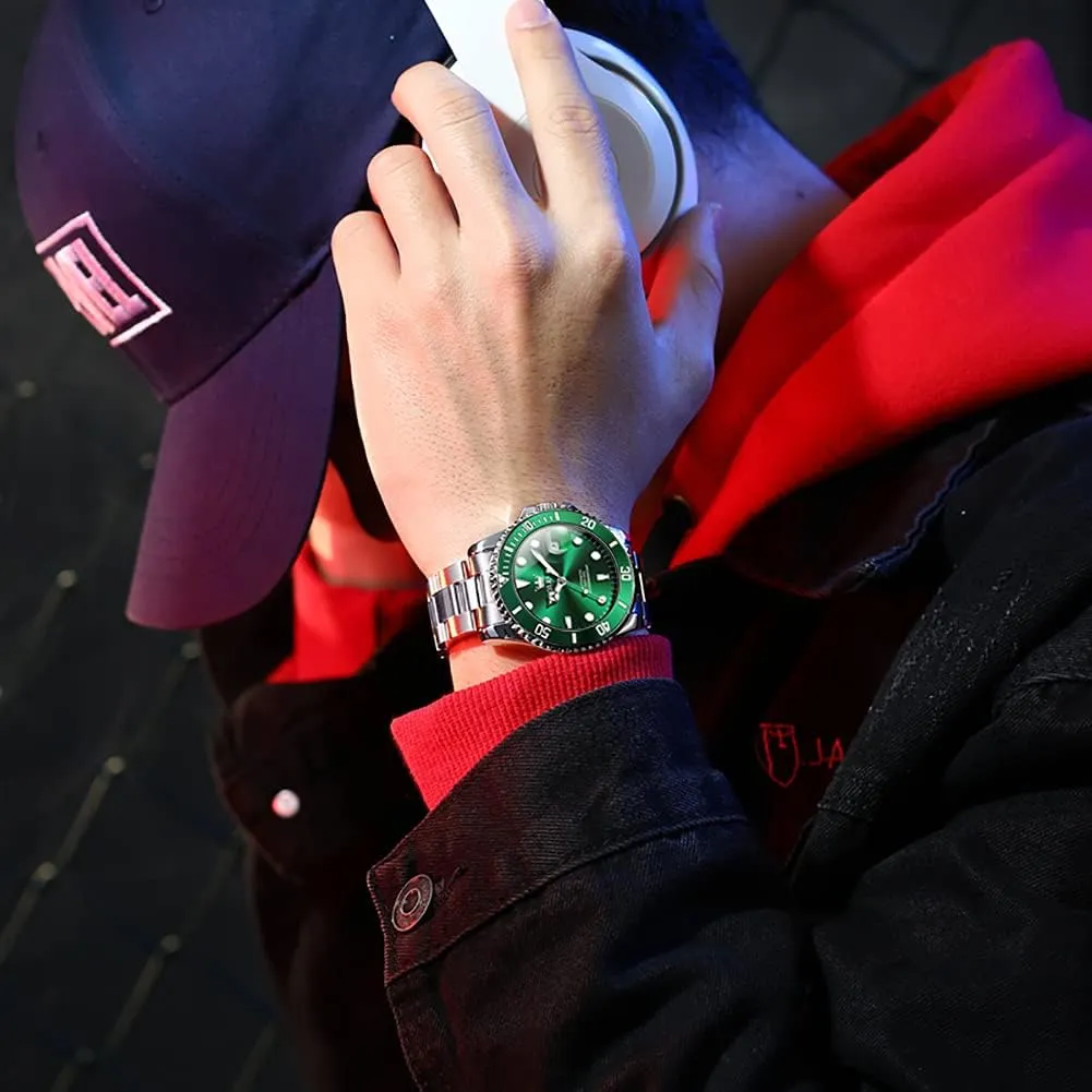 Bezel No Battery (Blue/Black/Green Face) OLEVS Automatic Watches for Men,Self wireless indict modulation Winding Luxury Waterproof Luminous Watch with Calendar Zoom Window Date-Unidirectional Rotating 