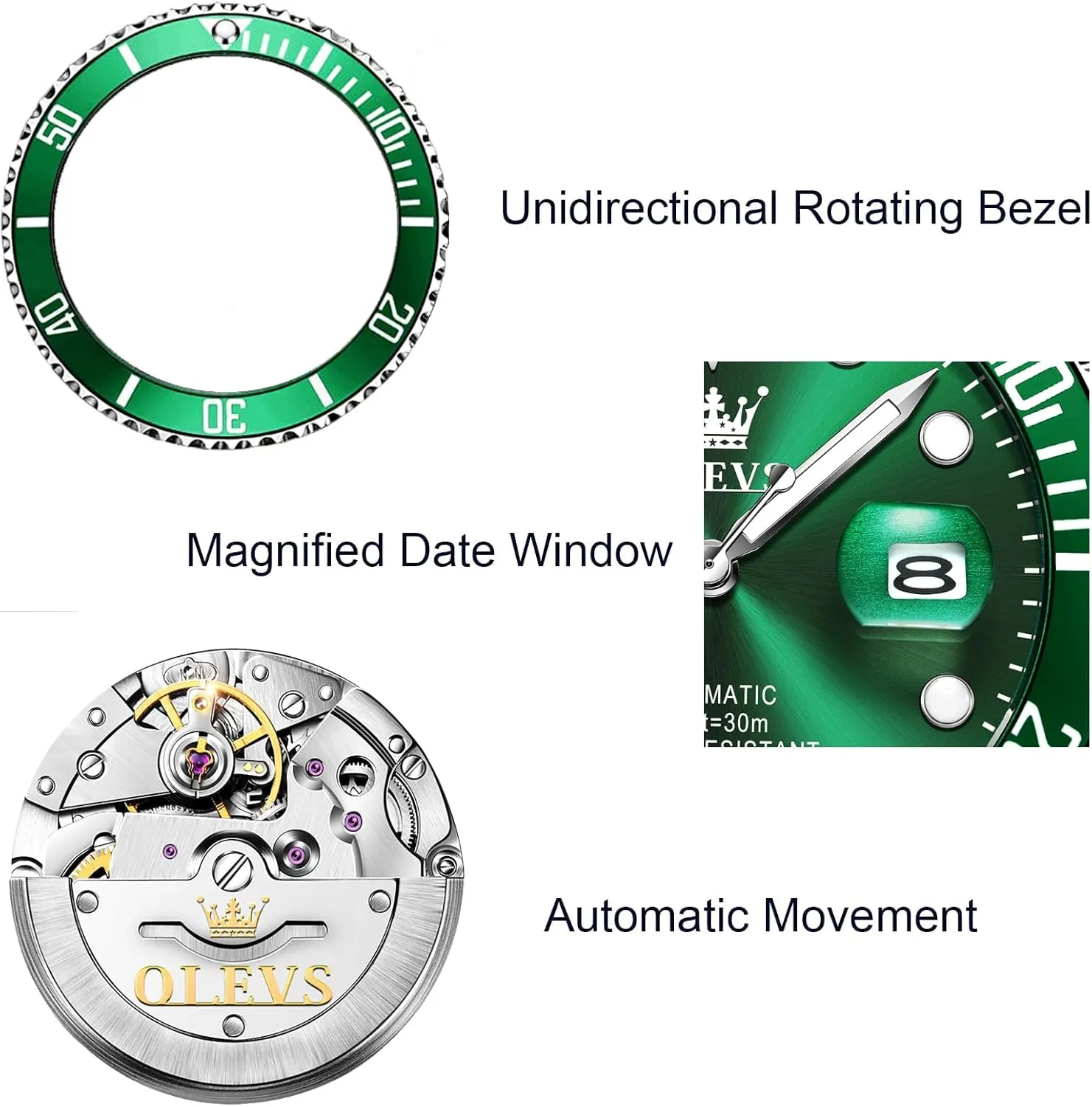 Bezel No Battery (Blue/Black/Green Face) OLEVS Automatic Watches for Men,Self wireless indict modulation Winding Luxury Waterproof Luminous Watch with Calendar Zoom Window Date-Unidirectional Rotating 