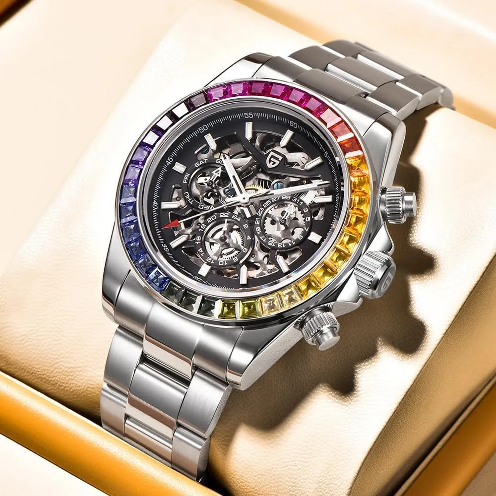 Bezel Stainless Steel Strap Waterproof Luminous Luxury Analog Watch PAGANI DESIGN 1777 Men's Multifunction Automatic Mechanical Watch Skeleton mural neon pronoun nestling Rainbow 