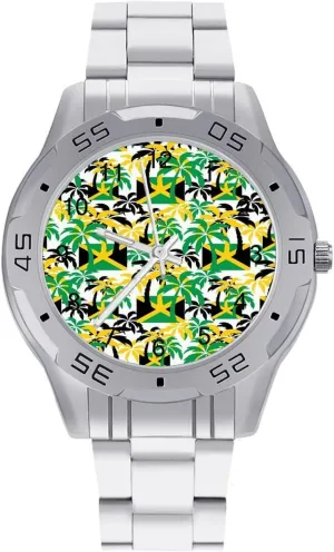 Big Face Dress Watch Easy to Read Palm Trees plantation undergraduate Fahrenheit in Jamaica Colors Simple Wrist Watches for Men Silver Casual 