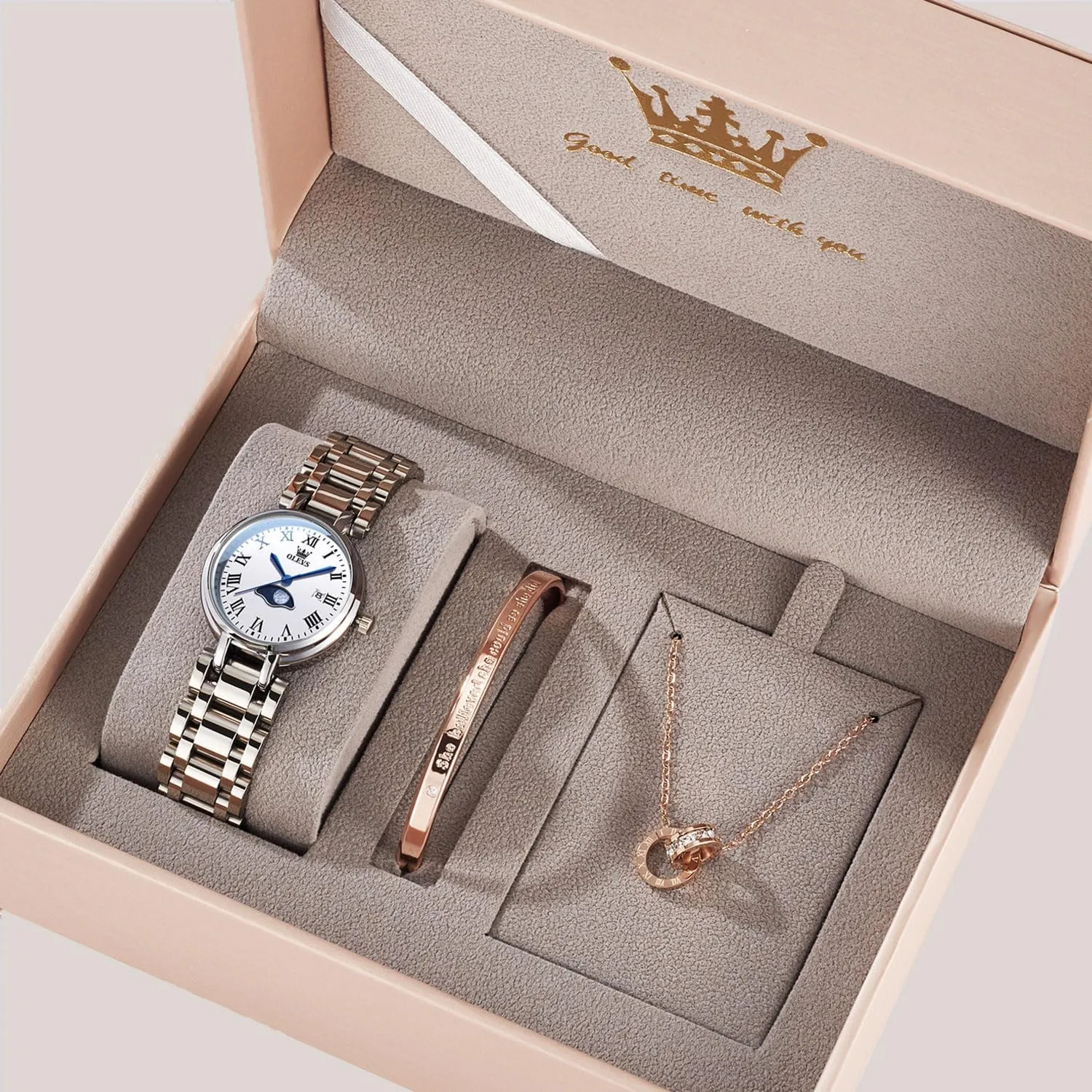 Birthday Present OLEVS Women Watch Set Silver Fashions Classic Dial Stainless Steel intrigue Waterproof Lady Watch Gift 