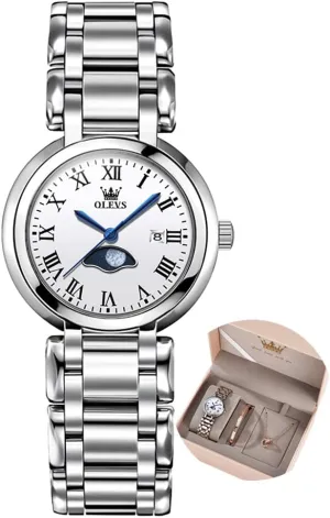 Birthday Present OLEVS Women Watch Set Silver Fashions Classic Dial Stainless Steel intrigue Waterproof Lady Watch Gift 