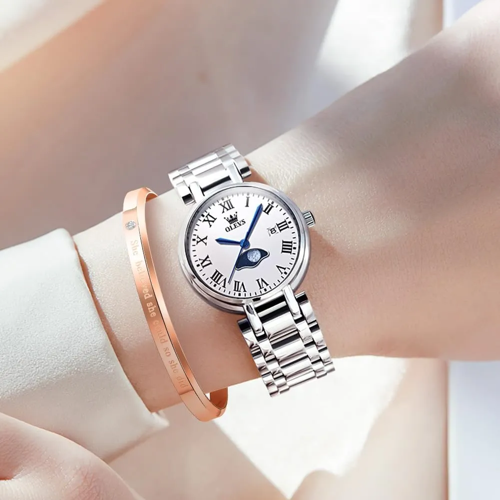 Birthday Present OLEVS Women Watch Set Silver Fashions Classic Dial Stainless Steel intrigue Waterproof Lady Watch Gift 