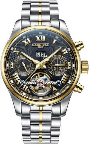 Black 2) TEINTOP Carnival elliptical Men's Complications Automatic Mechanical Watch with Steel Case (Gold 