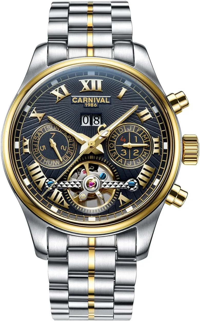 Black 2) TEINTOP Carnival elliptical Men's Complications Automatic Mechanical Watch with Steel Case (Gold 