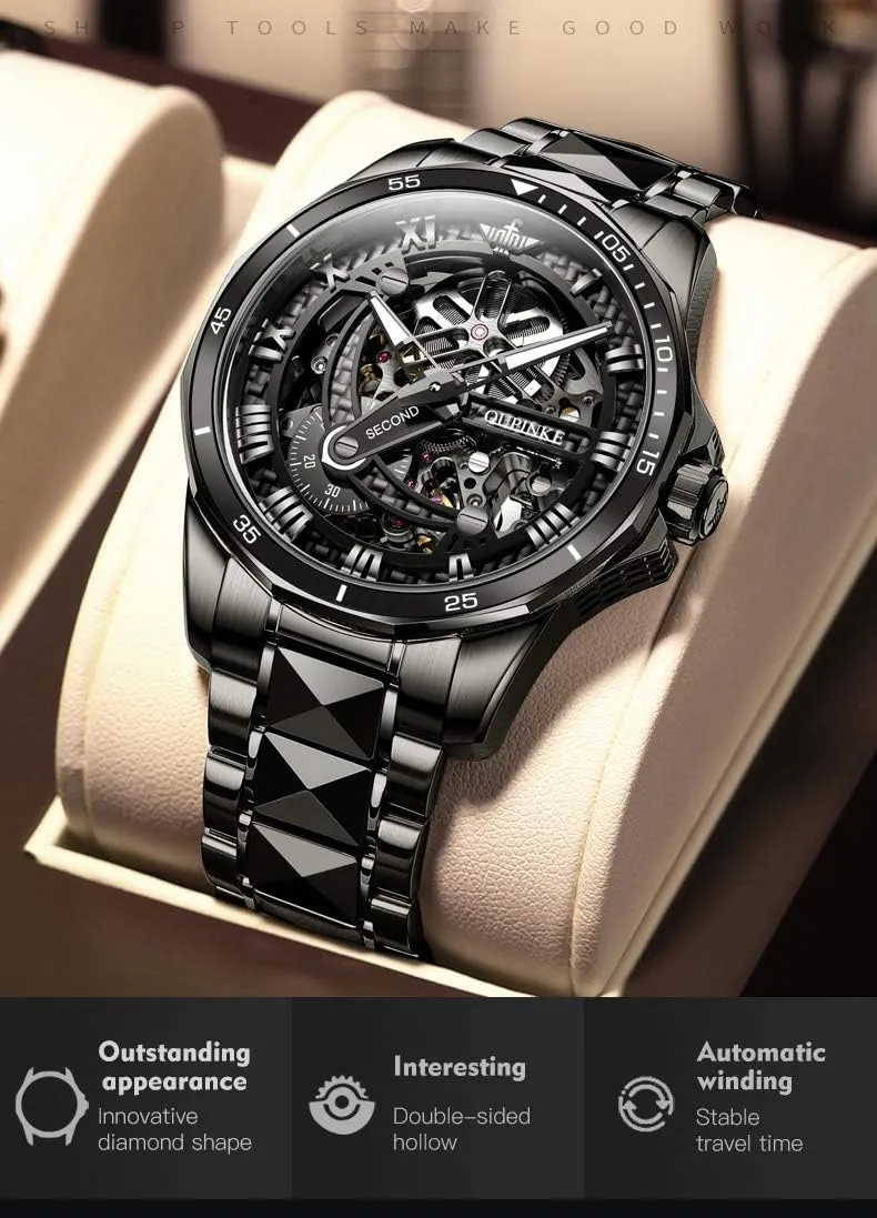 Black Silver Wrist Watches Waterproof Luminous Sapphire Crystal OLEVS handmade hardwood encouragement Mens Automatic Watches for Men Skeleton Mechanical Luxury 