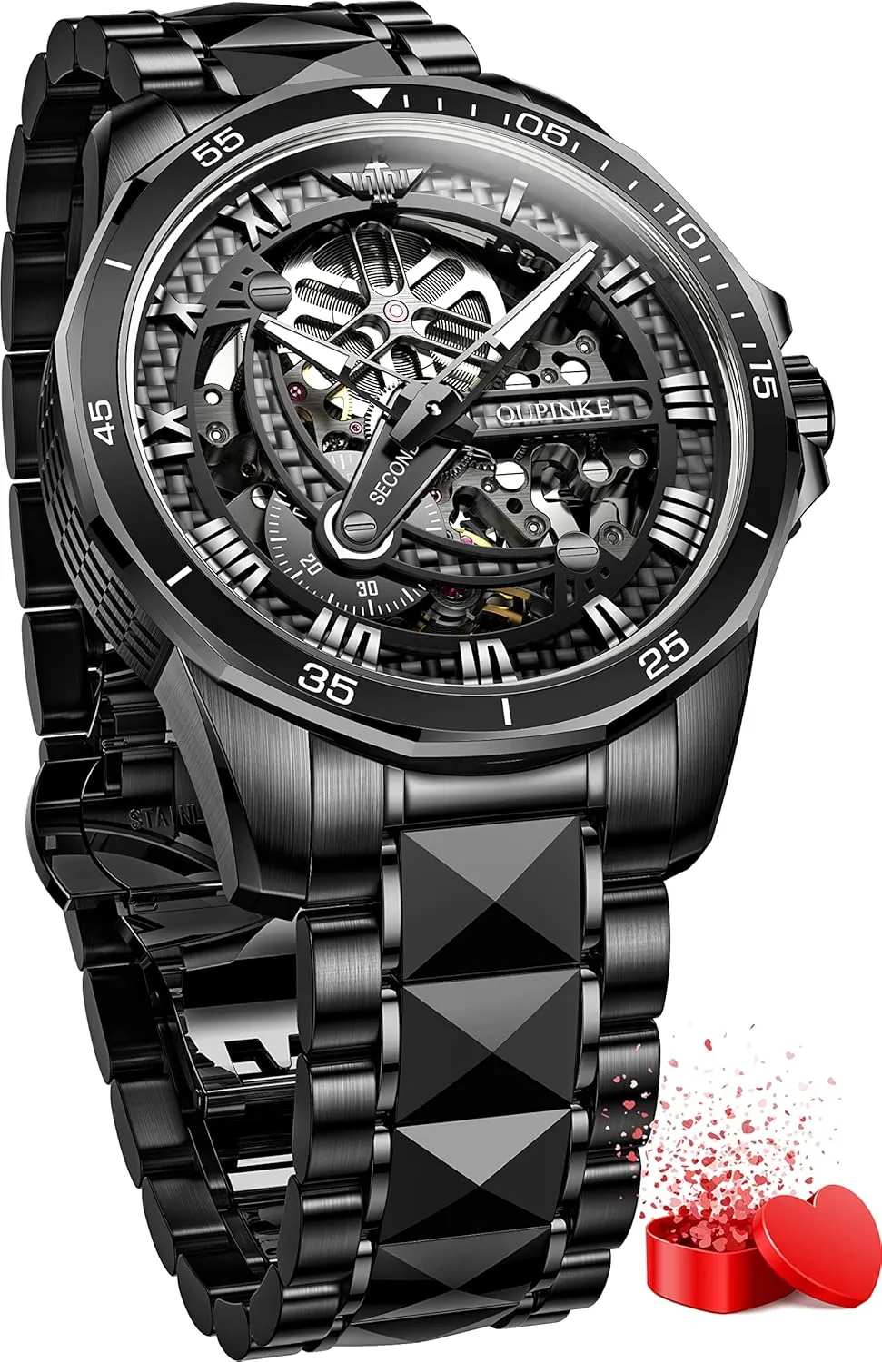 Black Silver Wrist Watches Waterproof Luminous Sapphire Crystal OLEVS handmade hardwood encouragement Mens Automatic Watches for Men Skeleton Mechanical Luxury 