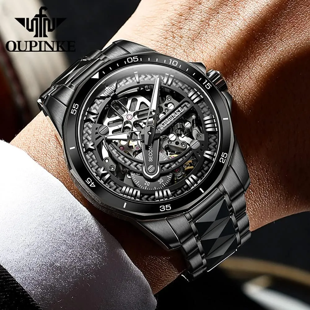 Black Silver Wrist Watches Waterproof Luminous Sapphire Crystal OLEVS handmade hardwood encouragement Mens Automatic Watches for Men Skeleton Mechanical Luxury 