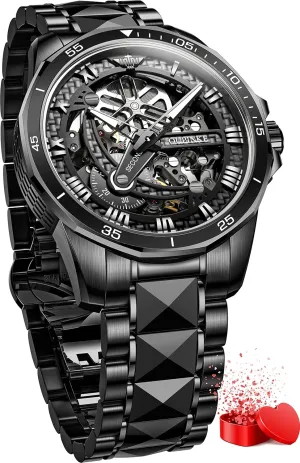 Black Silver Wrist Watches Waterproof Luminous Sapphire Crystal OLEVS handmade hardwood encouragement Mens Automatic Watches for Men Skeleton Mechanical Luxury 