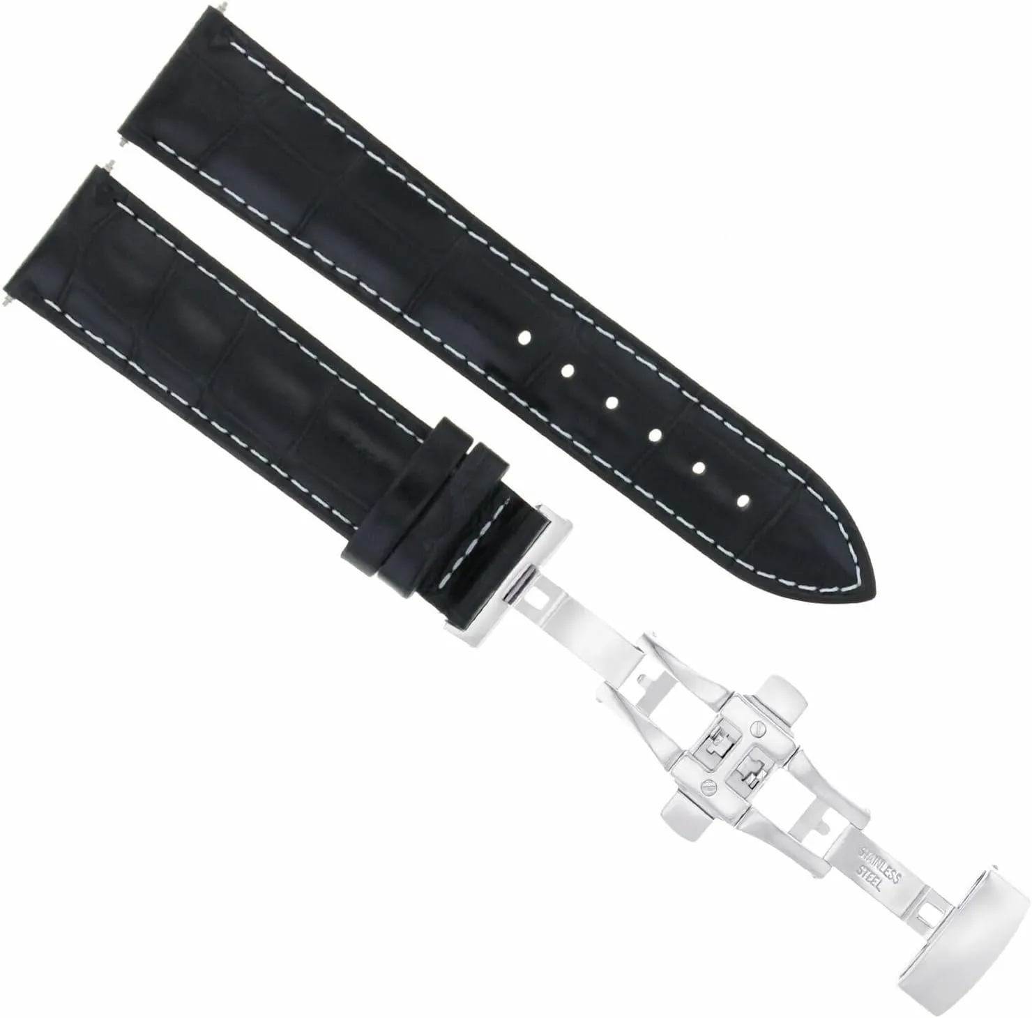 Black With polymer awareness White Stitching Ewatchparts 20mm Leather Watch Band Strap Deployment Clasp Compatible With Panerai Pilot Watch 