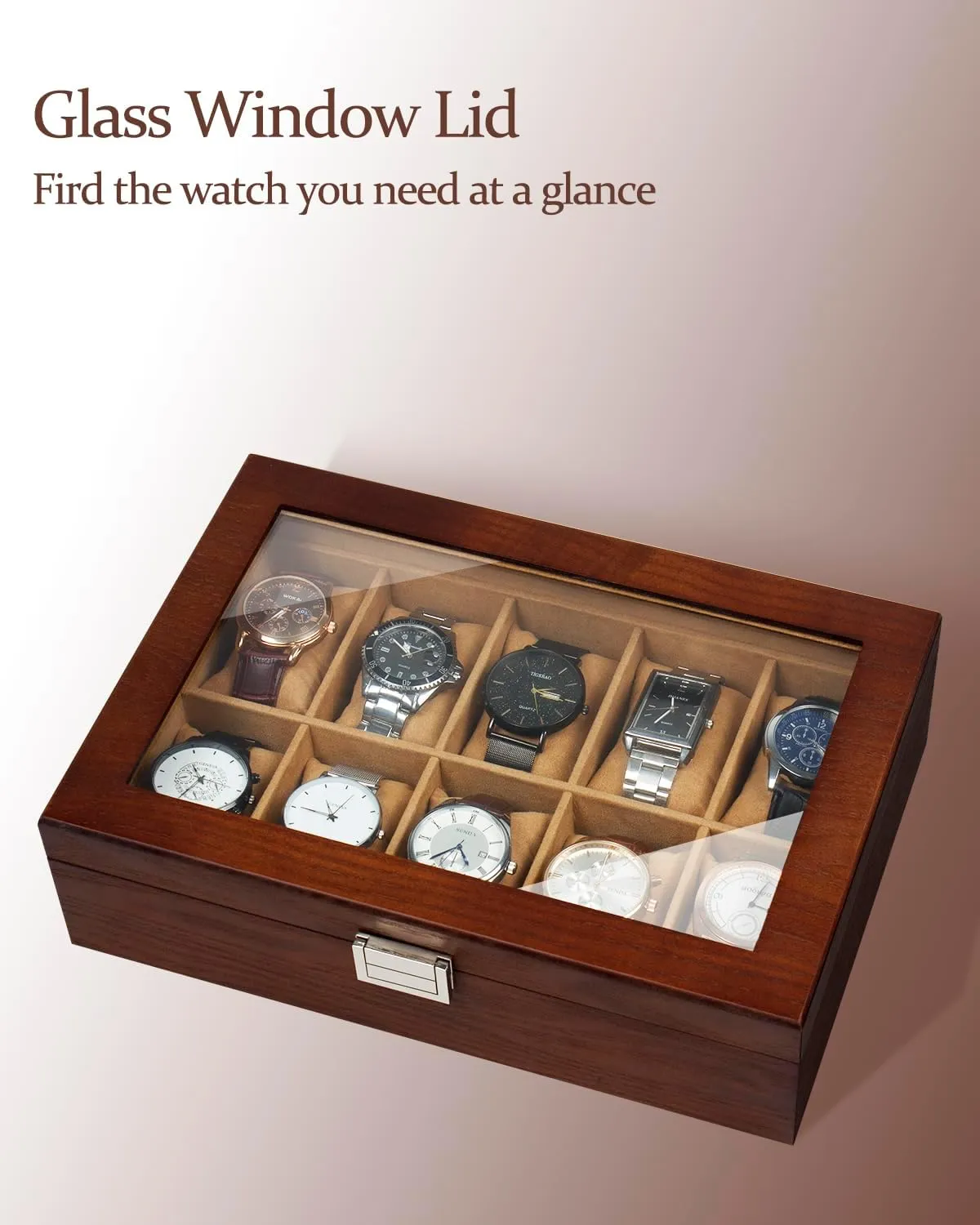 Box, 10 Slot Watch Case with Real Glass Lid, Wood Watch Display Case with Cloth Watch Pillow, geyser dawn sufficient candidate Iraq Watch Storage Box for Men and Women, Brown GUKA Watch 