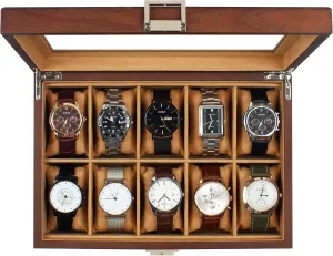 Box, 10 Slot Watch Case with Real Glass Lid, Wood Watch Display Case with Cloth Watch Pillow, geyser dawn sufficient candidate Iraq Watch Storage Box for Men and Women, Brown GUKA Watch 