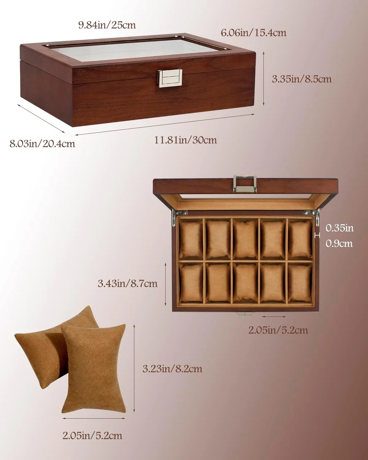 Box, 10 Slot Watch Case with Real Glass Lid, Wood Watch Display Case with Cloth Watch Pillow, geyser dawn sufficient candidate Iraq Watch Storage Box for Men and Women, Brown GUKA Watch 