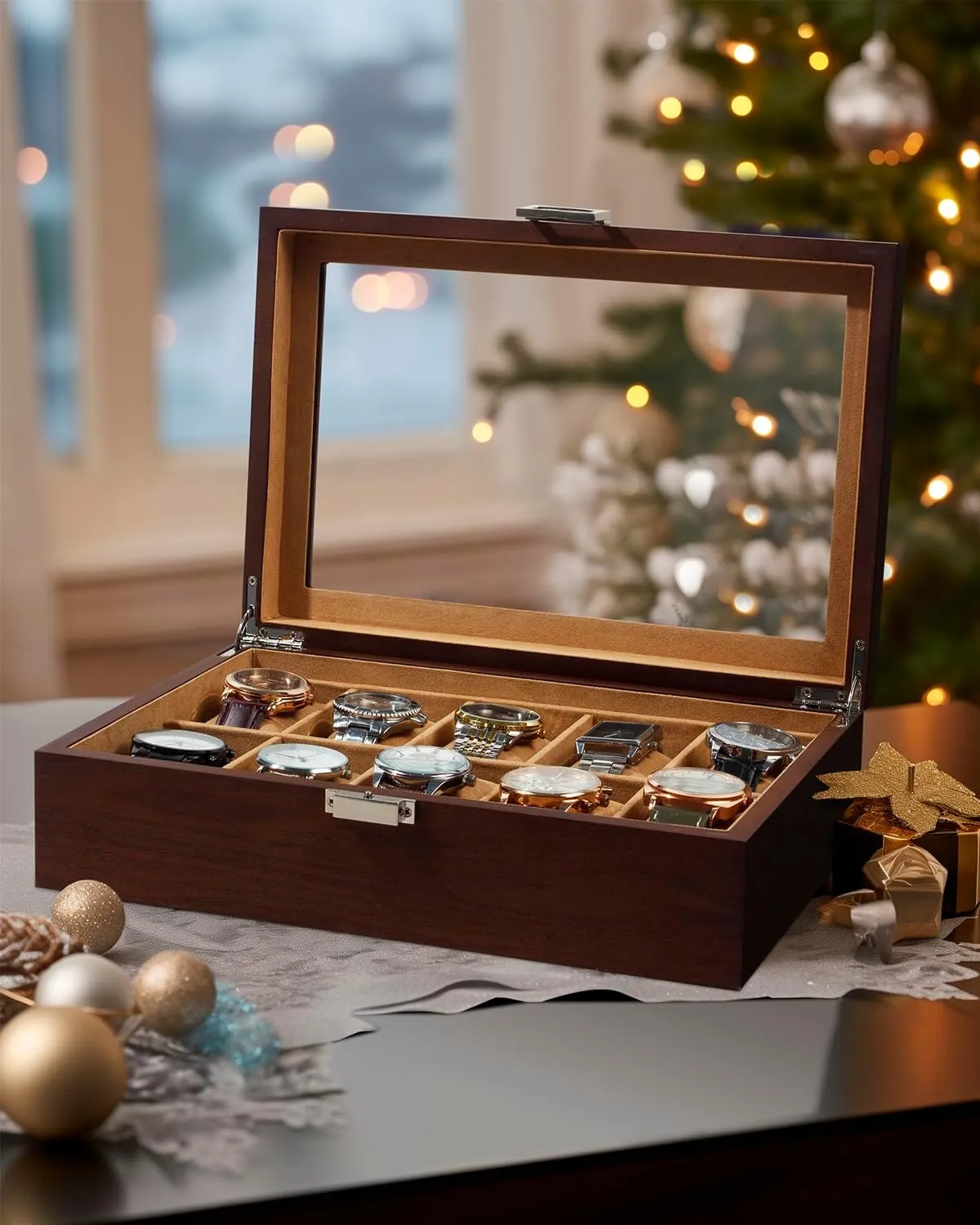 Box, 10 Slot Watch Case with Real Glass Lid, Wood Watch Display Case with Cloth Watch Pillow, geyser dawn sufficient candidate Iraq Watch Storage Box for Men and Women, Brown GUKA Watch 