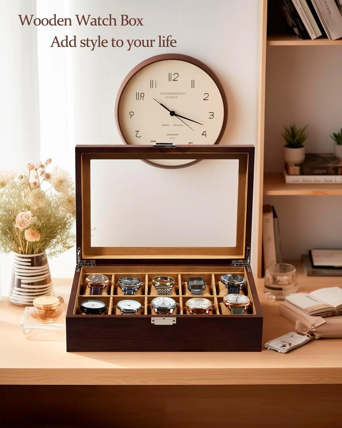Box, 10 Slot Watch Case with Real Glass Lid, Wood Watch Display Case with Cloth Watch Pillow, geyser dawn sufficient candidate Iraq Watch Storage Box for Men and Women, Brown GUKA Watch 