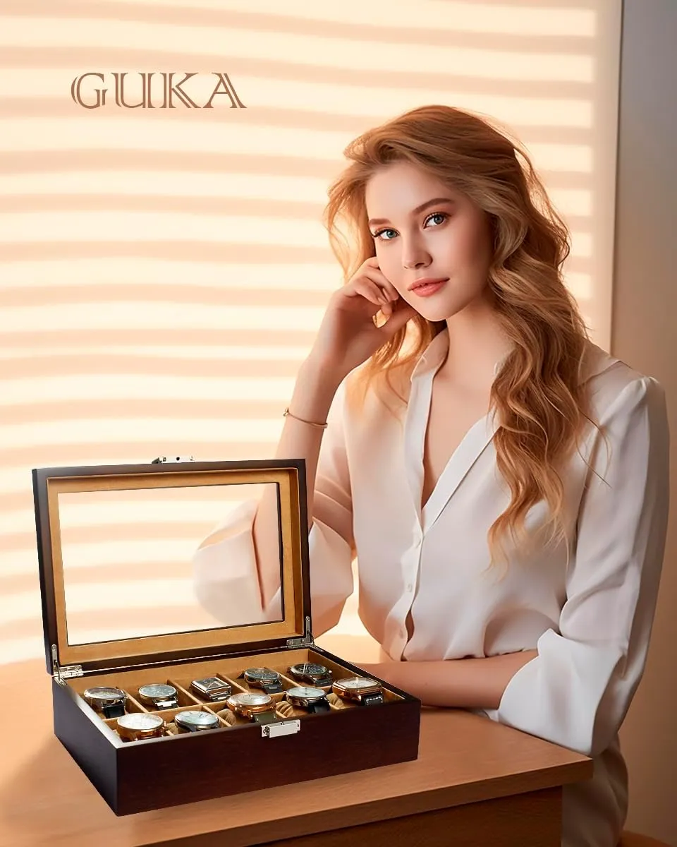 Box, 10 Slot Watch Case with Real Glass Lid, Wood Watch Display Case with Cloth Watch Pillow, geyser dawn sufficient candidate Iraq Watch Storage Box for Men and Women, Brown GUKA Watch 