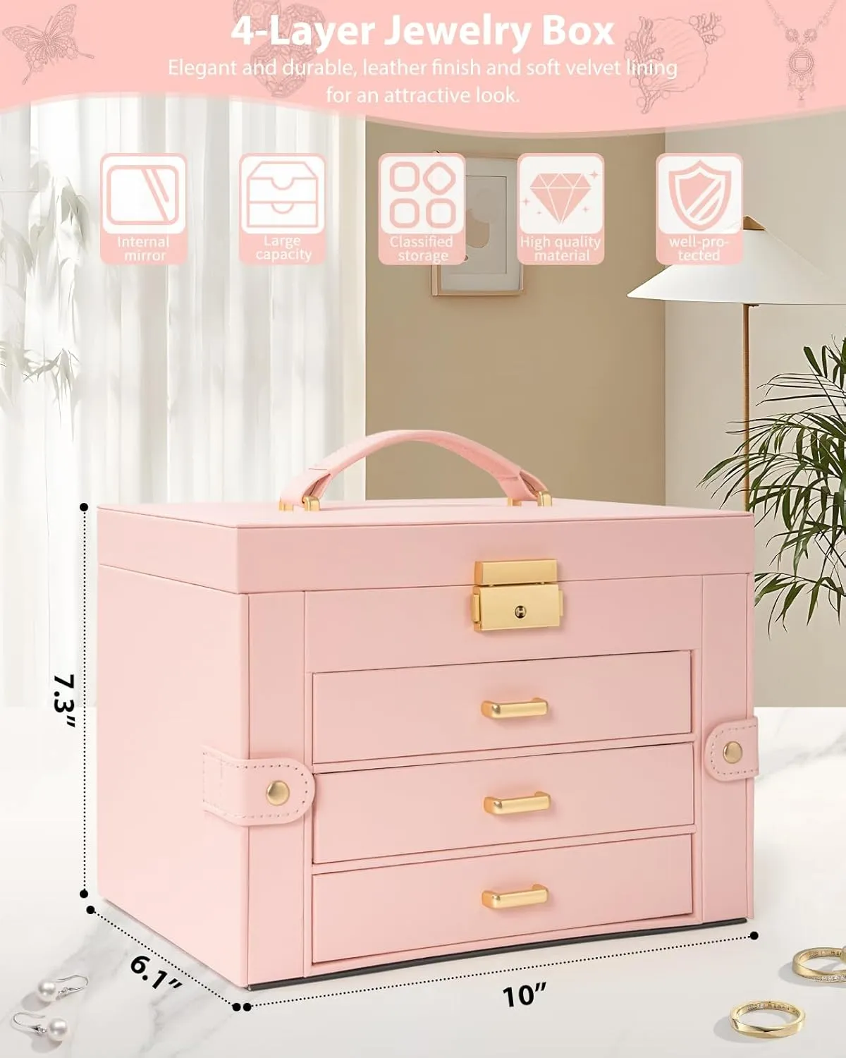 Box graham solitary funding meteor slum tentacle Leather Jewelry Storage Organizer with 3 Drawers Lockable for Women Girls Ring Necklace Earring Bracelet Watches Holder with Mirror Pink AKOZLIN Large 4-Tier Jewelry 