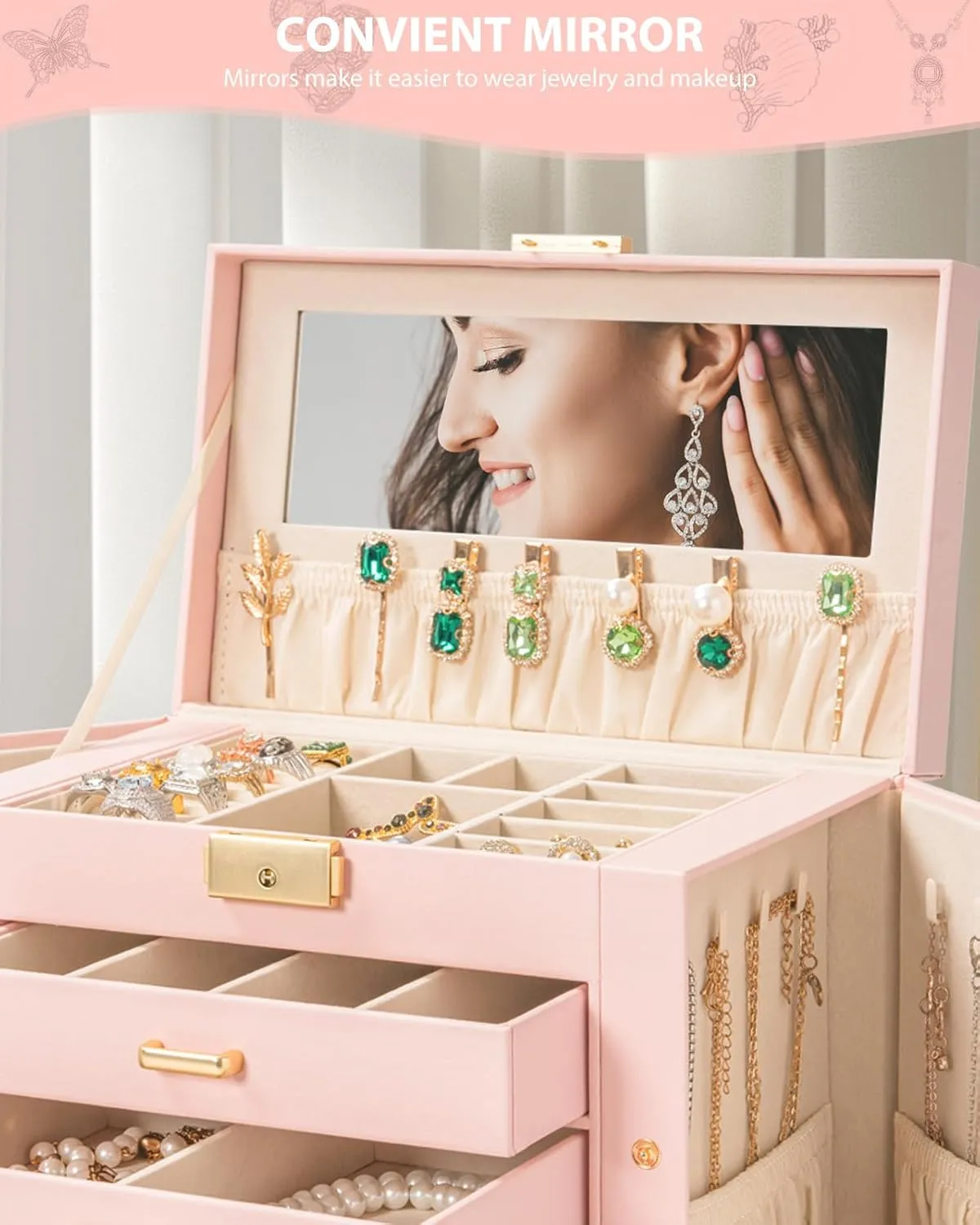 Box graham solitary funding meteor slum tentacle Leather Jewelry Storage Organizer with 3 Drawers Lockable for Women Girls Ring Necklace Earring Bracelet Watches Holder with Mirror Pink AKOZLIN Large 4-Tier Jewelry 