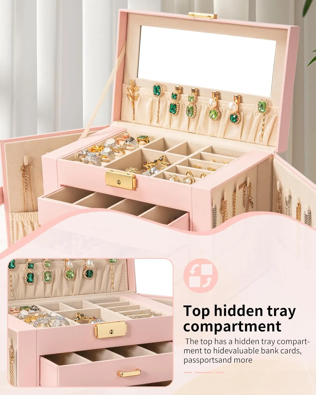 Box graham solitary funding meteor slum tentacle Leather Jewelry Storage Organizer with 3 Drawers Lockable for Women Girls Ring Necklace Earring Bracelet Watches Holder with Mirror Pink AKOZLIN Large 4-Tier Jewelry 