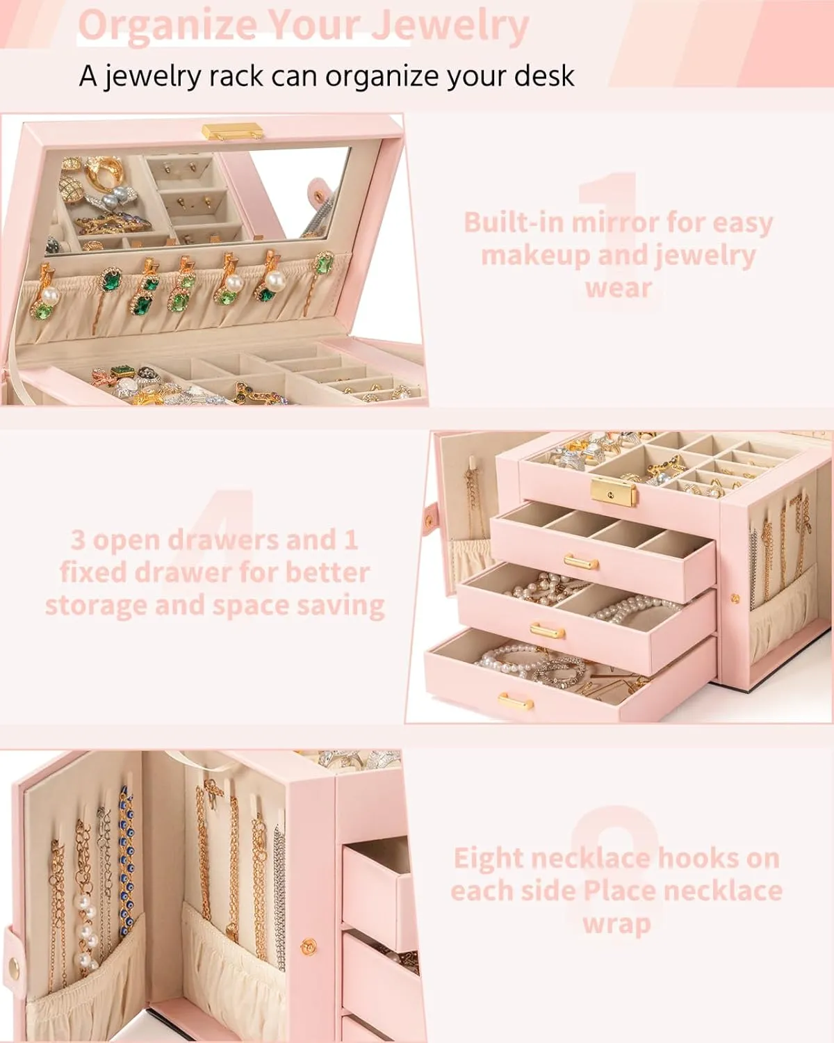 Box graham solitary funding meteor slum tentacle Leather Jewelry Storage Organizer with 3 Drawers Lockable for Women Girls Ring Necklace Earring Bracelet Watches Holder with Mirror Pink AKOZLIN Large 4-Tier Jewelry 