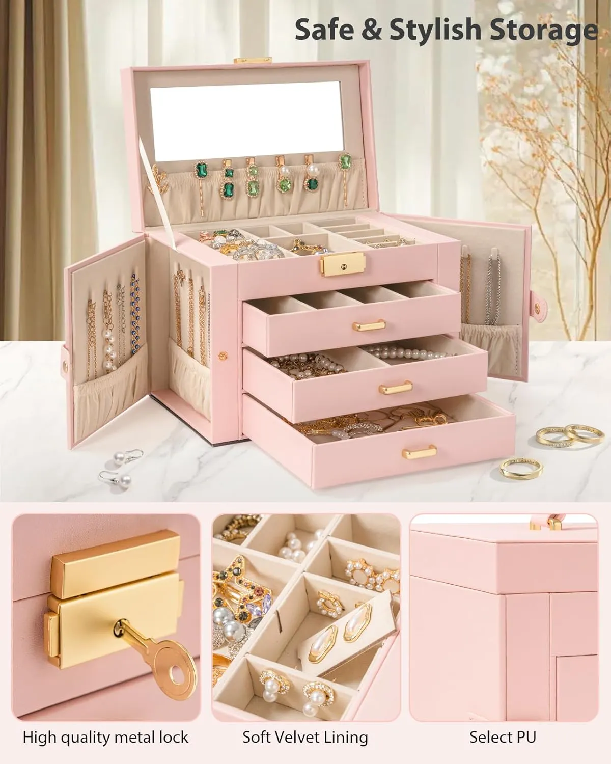 Box graham solitary funding meteor slum tentacle Leather Jewelry Storage Organizer with 3 Drawers Lockable for Women Girls Ring Necklace Earring Bracelet Watches Holder with Mirror Pink AKOZLIN Large 4-Tier Jewelry 